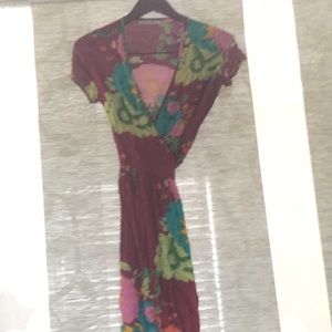 Red Gardner print, wrap midi dress.